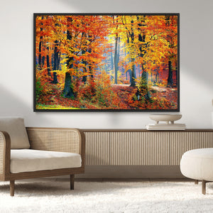 Autumn Red Forest Triptych Canvas Wall Art Print, Forest