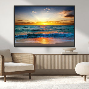 Vibrant Ocean Sunrise Over Golden Beach Waves, Giclee Canvas