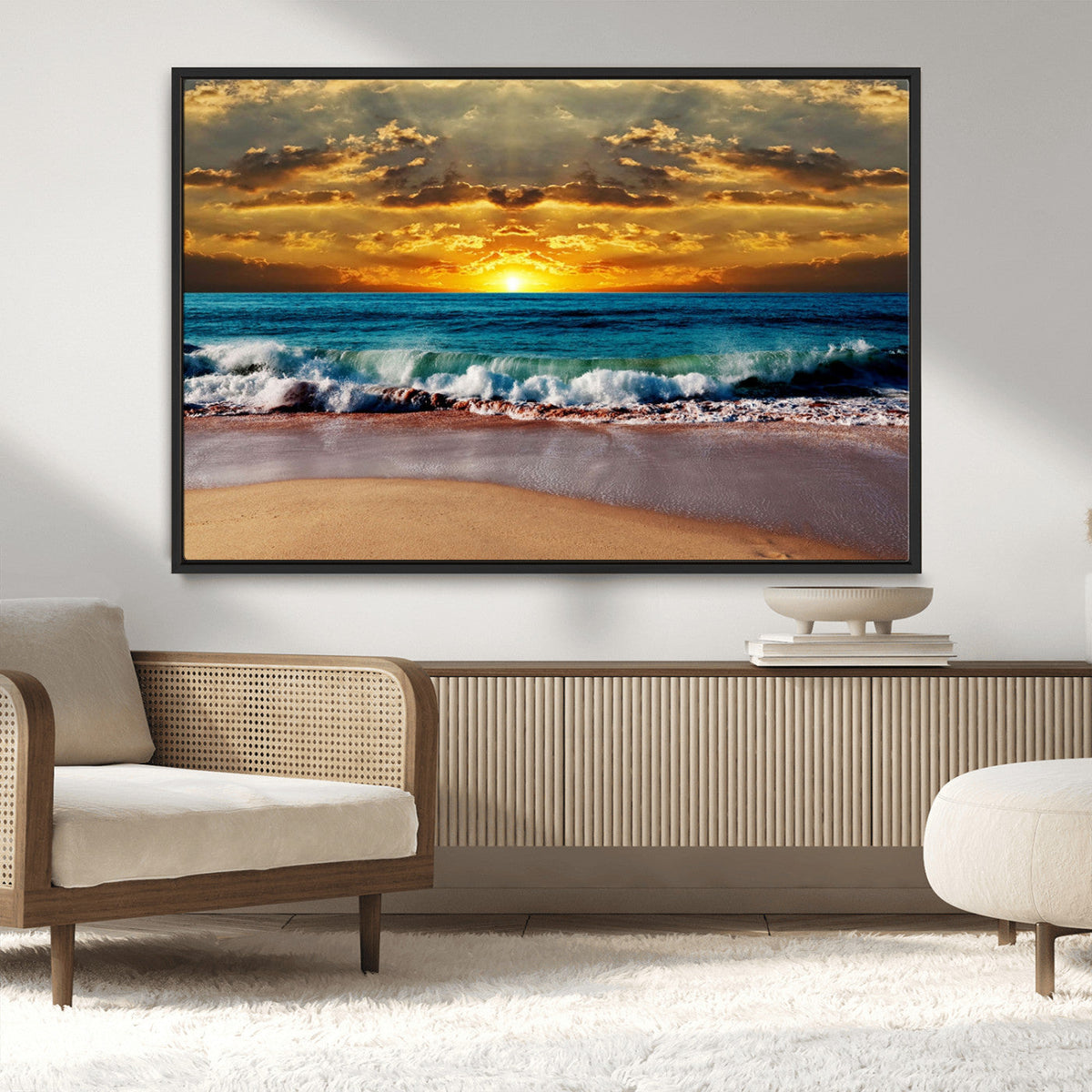 Ocean Sunrise Over Golden Beach Waves, Giclee Canvas Wall