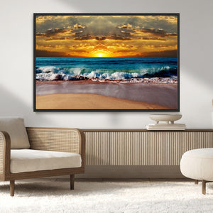 Ocean Sunrise Over Golden Beach Waves, Giclee Canvas Wall