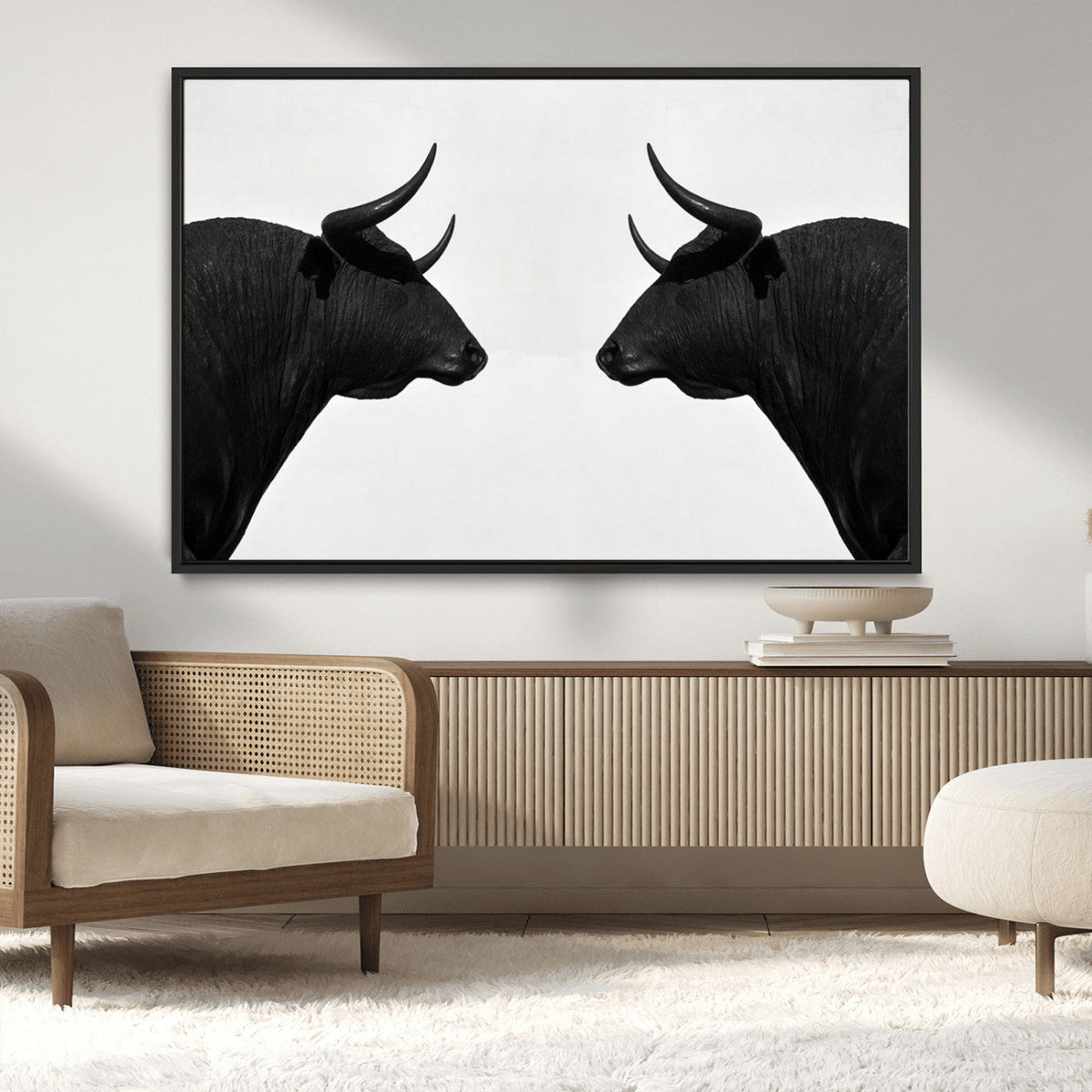 Spanish Bull Art - Framed Black and White Bull Canvas Print