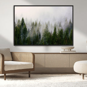 Misty Pine Forest Wall Art Canvas Print | 3 Panel Green
