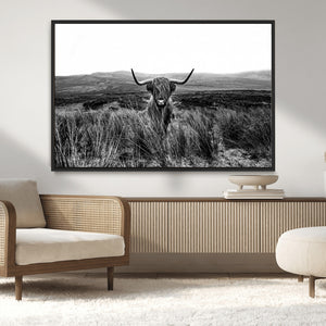 Black and White Highland Cow Canvas Wall Art, Longhorn