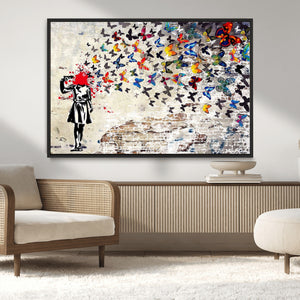 Banksy Art Butterfly Girl Explosion Canvas Art – Vibrant
