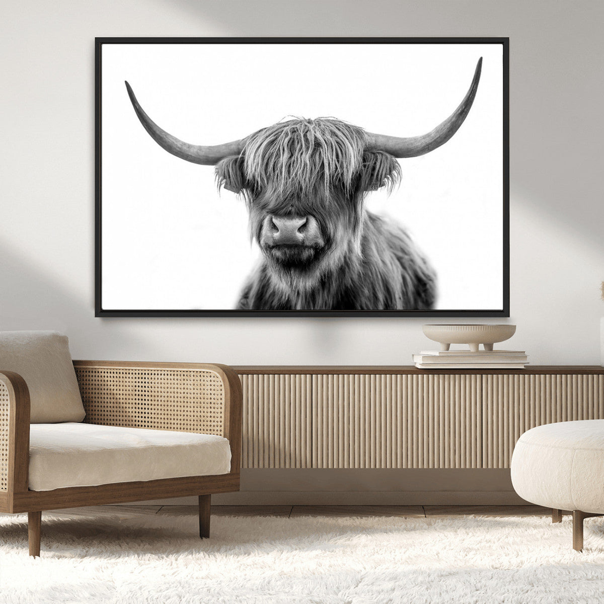 Grayscale Scottish Highland Cow Cattle Art Print Farmhouse