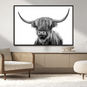 Grayscale Scottish Highland Cow Cattle Art Print Farmhouse