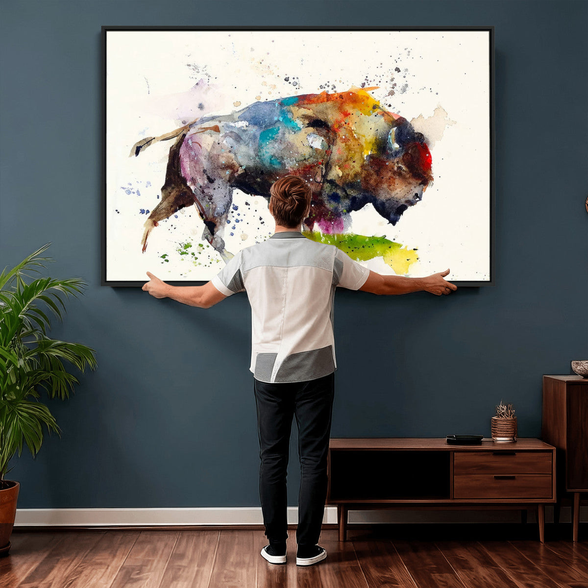 Abstract Buffalo Wall Art, Western Watercolor Bison Canvas