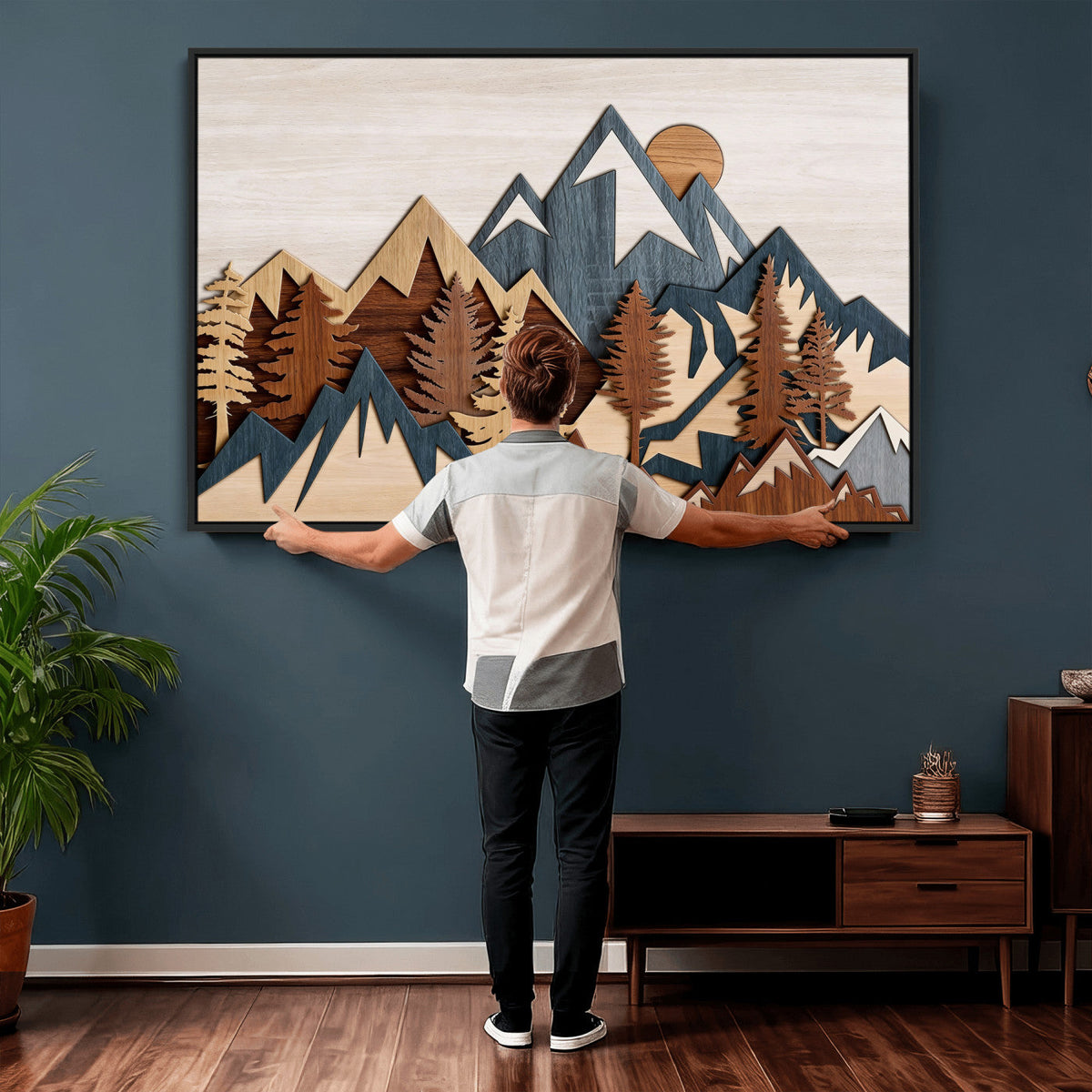 Rustic Abstract Wood Panel Effect Canvas Mountain Range Top