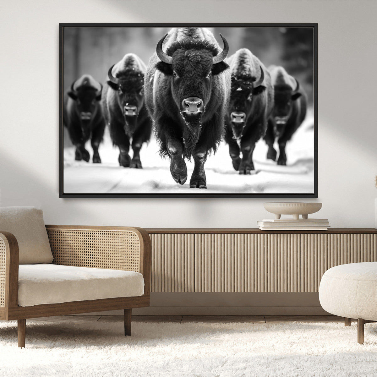 American Bison Art | Buffalo Herd Wall Art Canvas Print, BW