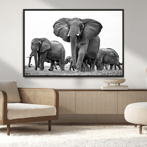 Black White Elephant Family Wall Art Canvas Print