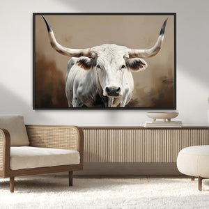 White Longhorn Bull Wall Art Canvas Print – Framed and Ready