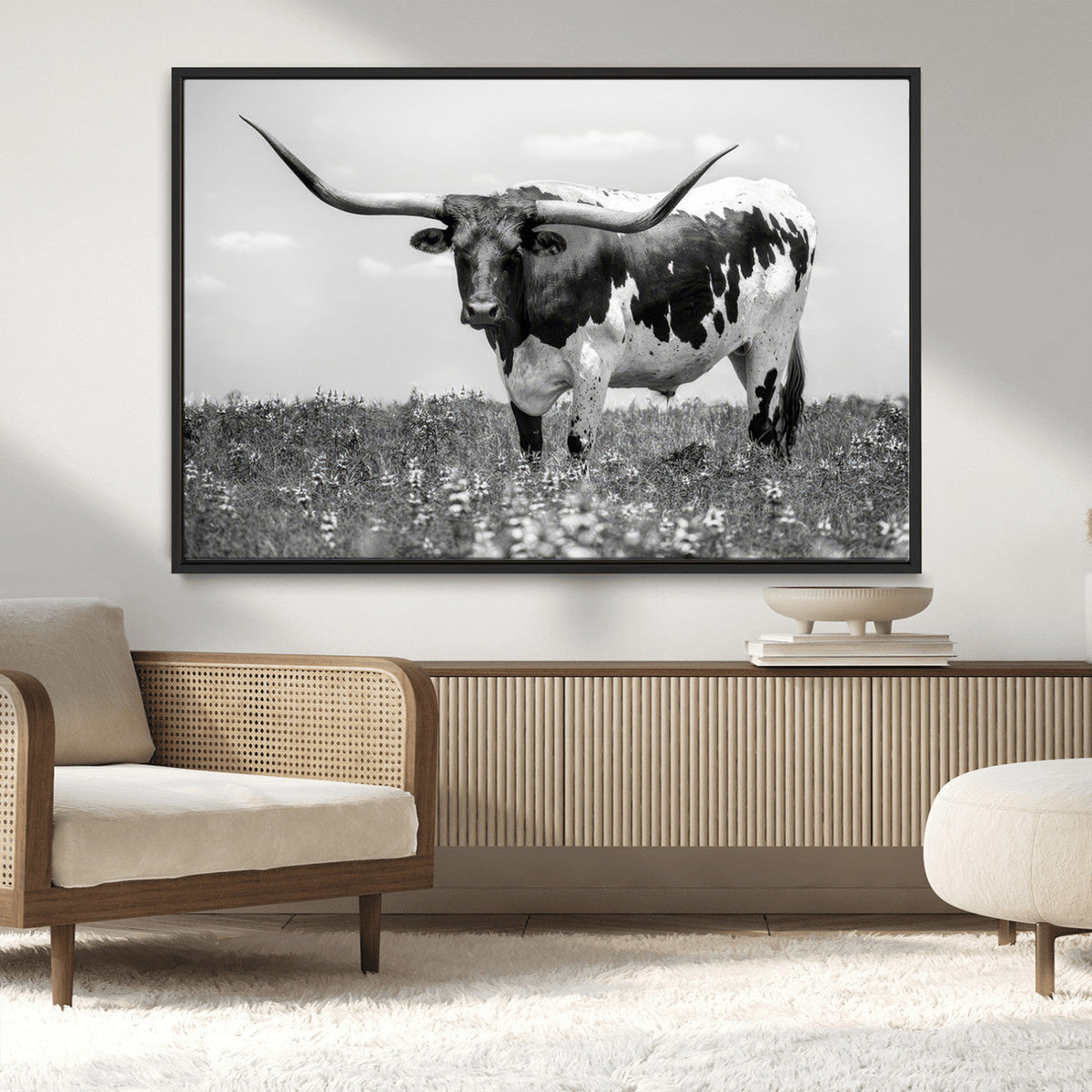 Texas Black White Highland Longhorn Cow Wall Art Canvas