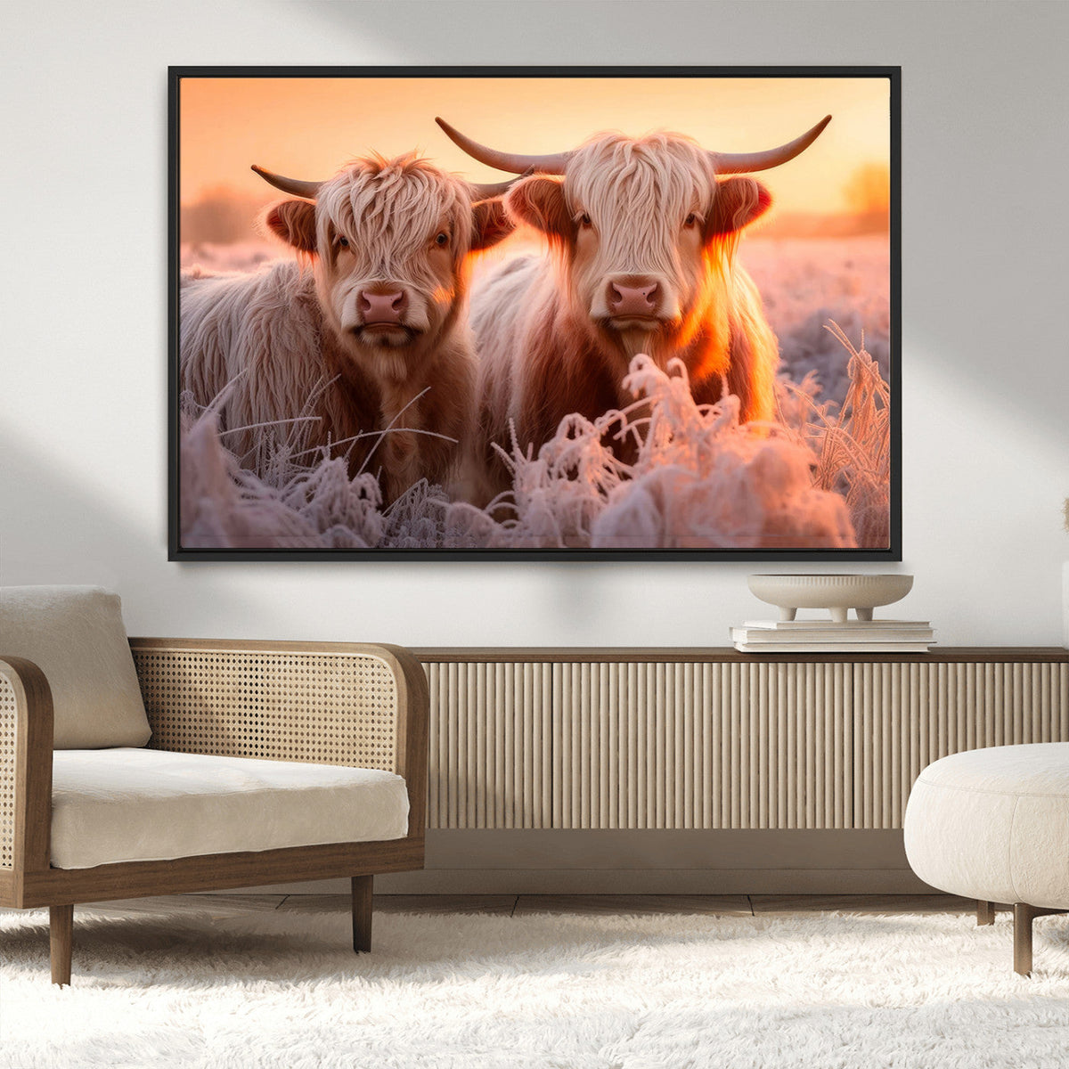 Highland Cows at Sunrise Wall Art Canvas Set – Serene and