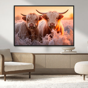 Highland Cows at Sunrise Wall Art Canvas Set – Serene and