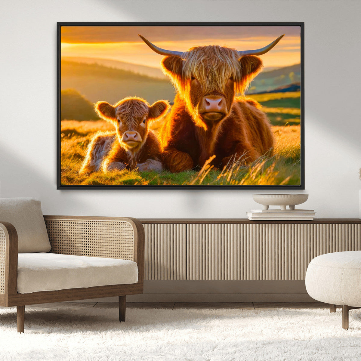 Scottish Cow and Baby Cow Canvas Wall Art Animal Print