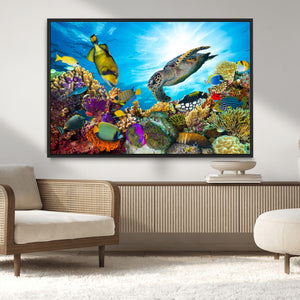 Colorful Coral Reef and Sea Life Turtle Canvas Print,