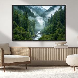 Mountain Forest River Canvas Wall Art Print - Serene Nature