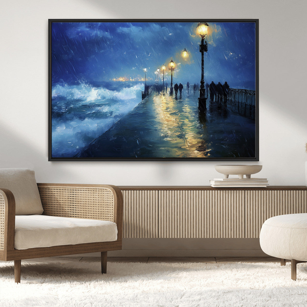 Storm Ocean Pier Canvas Wall Art Print - Large Moody Night