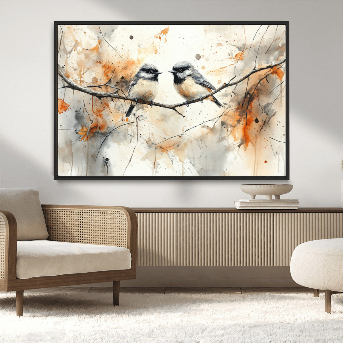 Abstract Watercolor Chickadee Bird Canvas Wall Art Print -