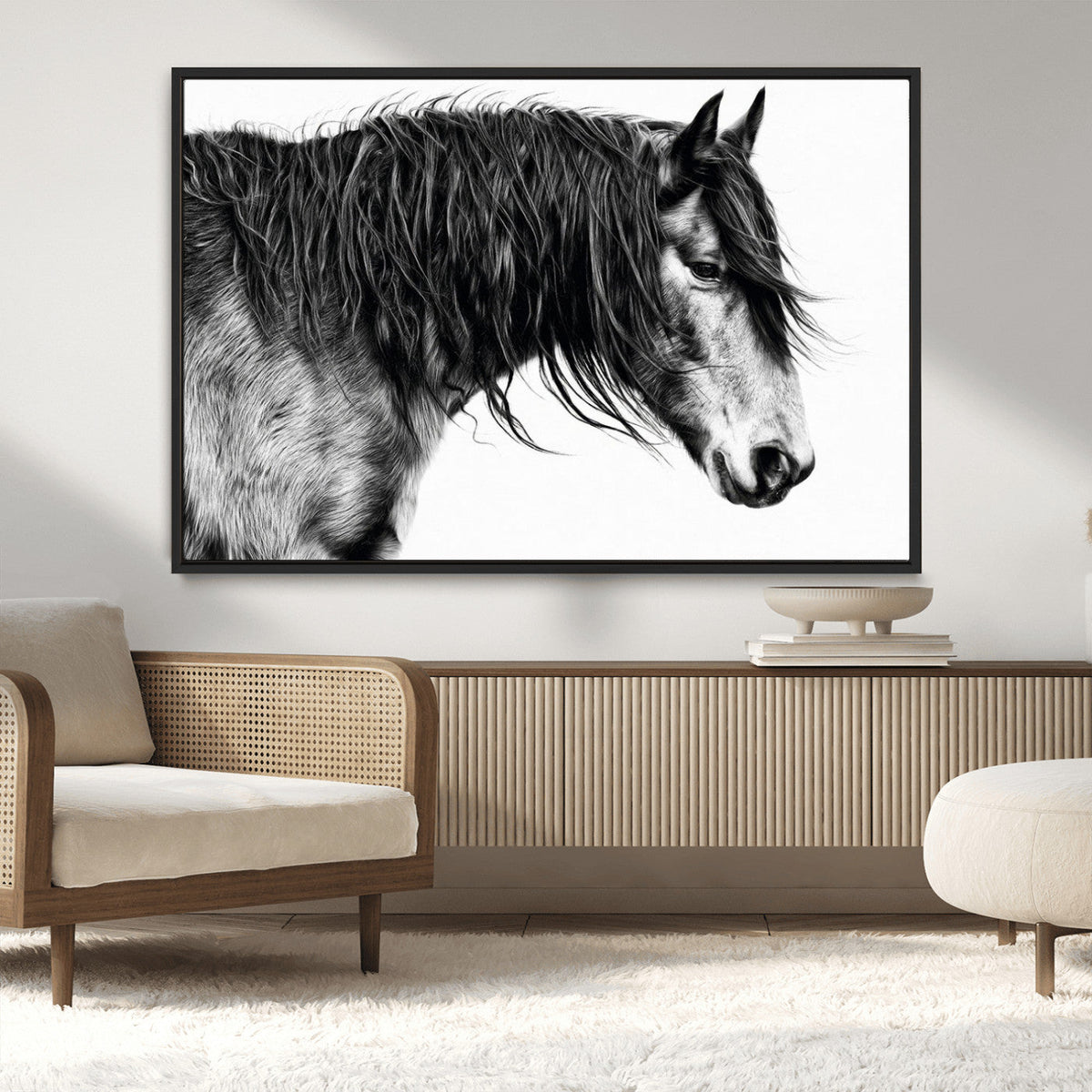 Majestic Horse Wall Art – Framed Black White Portrait Canvas