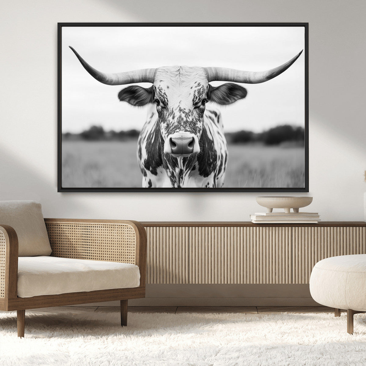 Highland Cow Wall Art Canvas Print – Black and White Western