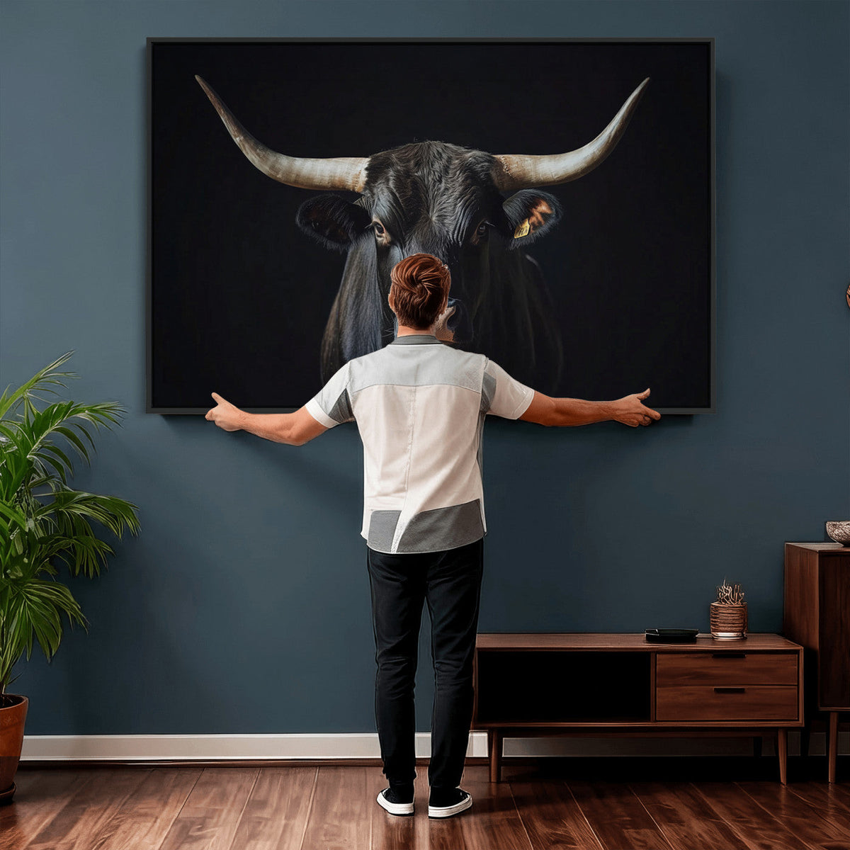 Majestic Longhorn Bull Wall Art Canvas Print – Dark
