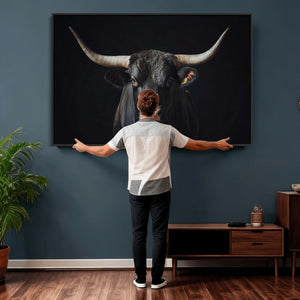 Majestic Longhorn Bull Wall Art Canvas Print – Dark