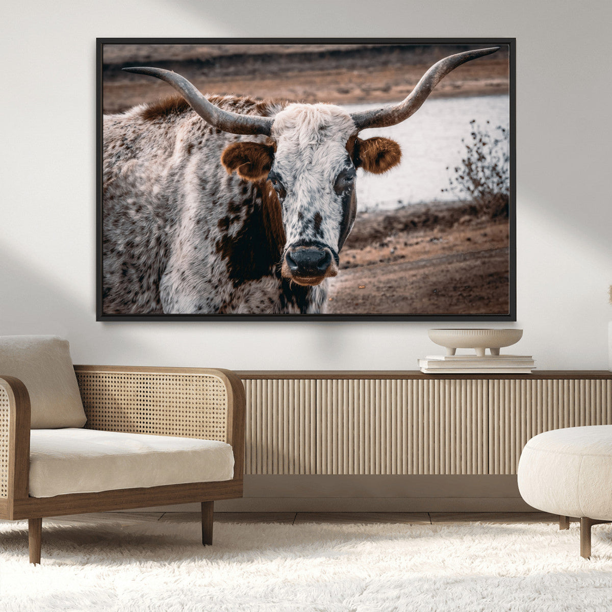 Texas Longhorn Wall Art Canvas Print – Framed Spotted Bull