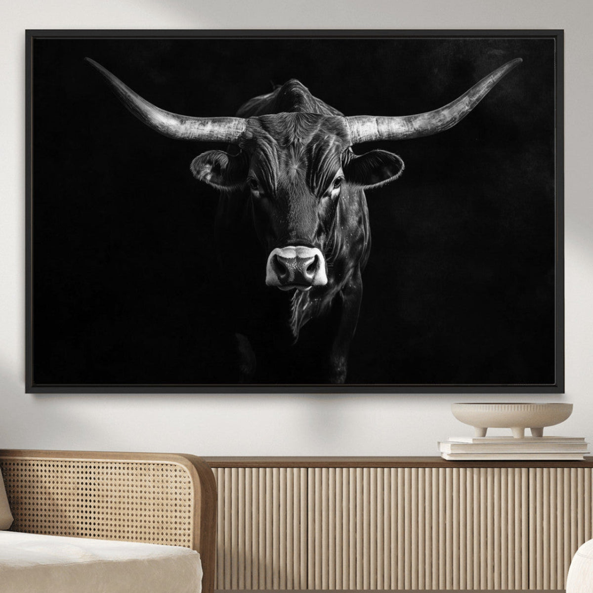 Texas Longhorn Wall Art Canvas Print – Framed Monochrome