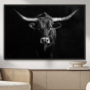 Texas Longhorn Wall Art Canvas Print – Framed Monochrome