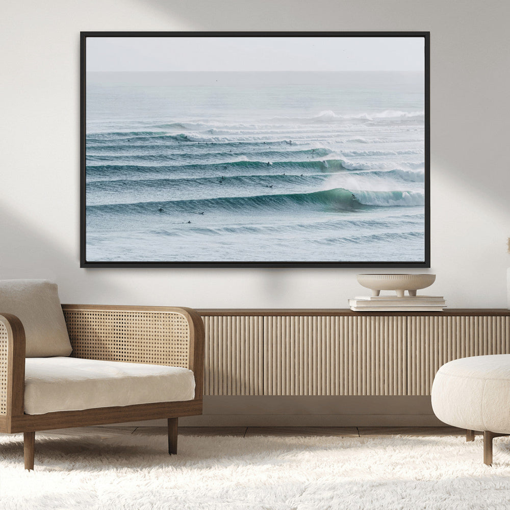 Ocean Waves Wall Art Canvas Print – Framed Surfer Lineup