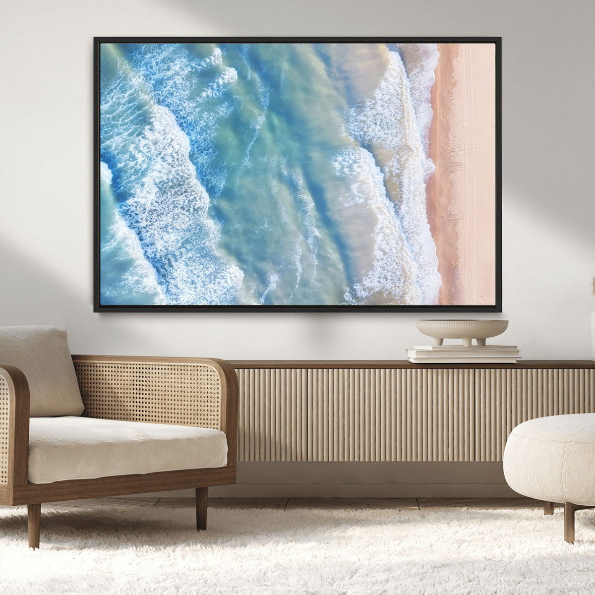 Aerial Ocean View Wall Art Canvas Print – Framed Soft Blue