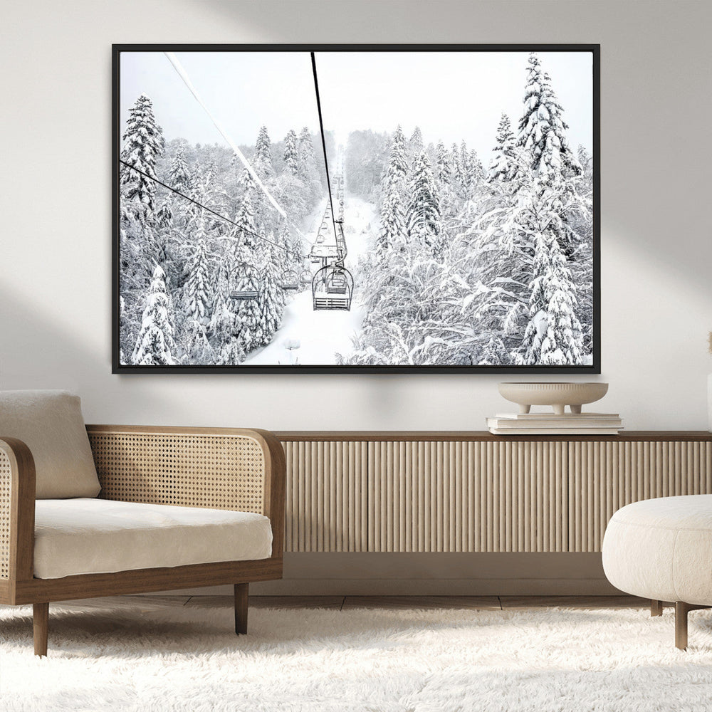 Snowy Ski Lift Wall Art – Framed Winter Mountain Canvas