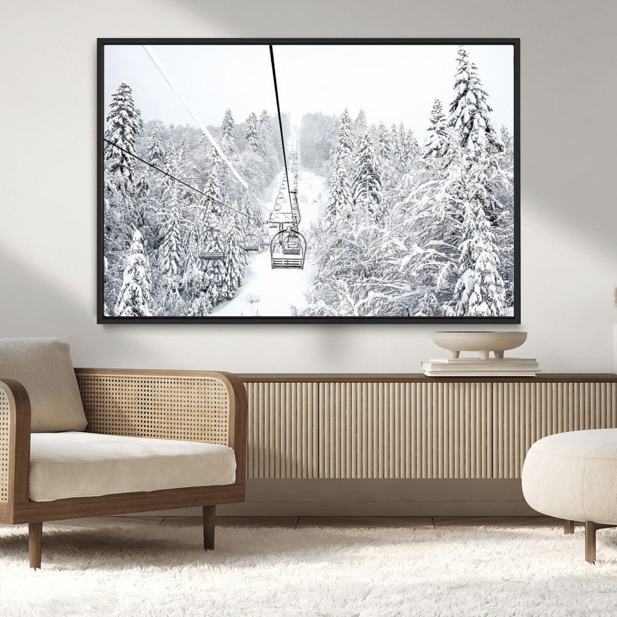 Snowy Ski Lift Wall Art – Framed Winter Mountain Canvas