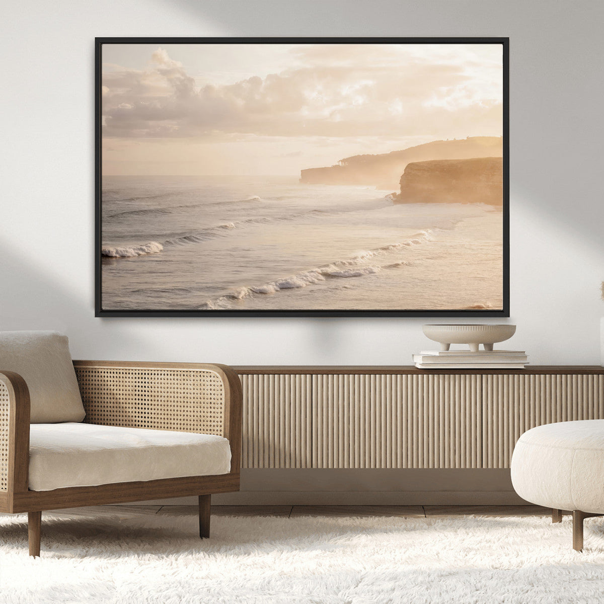 Misty Coastal Wall Art Canvas Print – Framed Golden Sunset