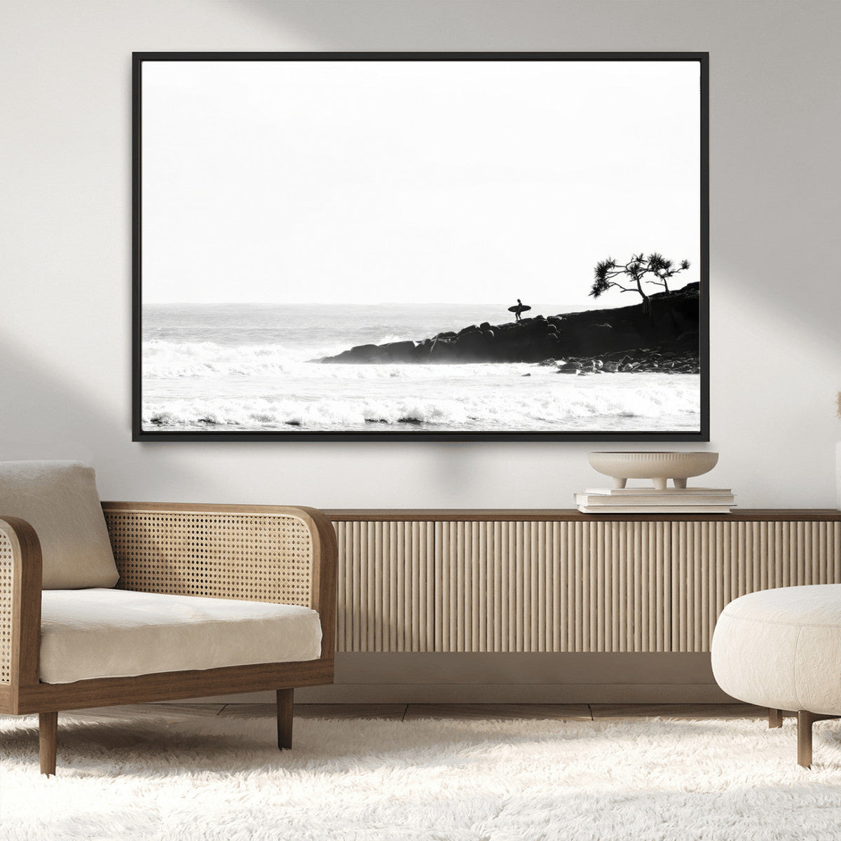 Surfer Cliffs Wall Art Canvas Print – Framed Black White
