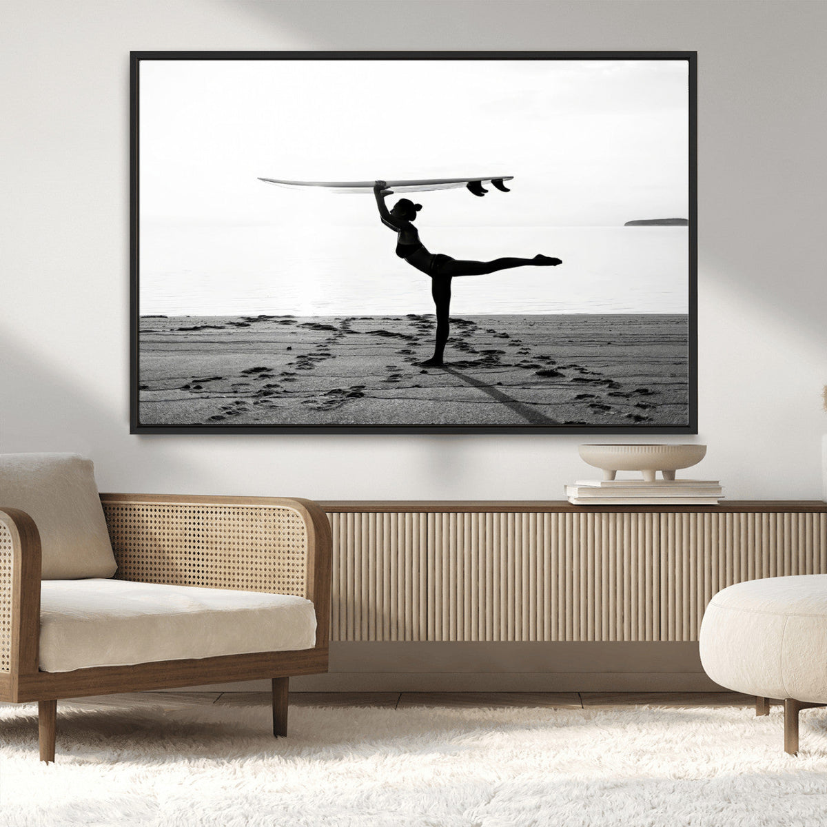 Yoga Surf Wall Art Canvas Print – Framed Black White Shore