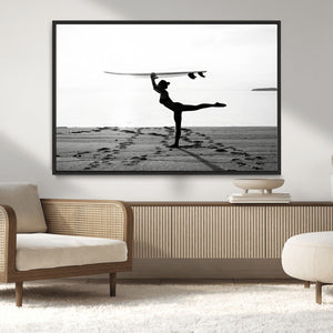 Yoga Surf Wall Art Canvas Print – Framed Black White Shore