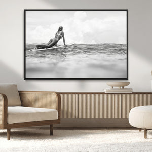 Black and White Surfing Wall Art Canvas Print – Framed Ocean