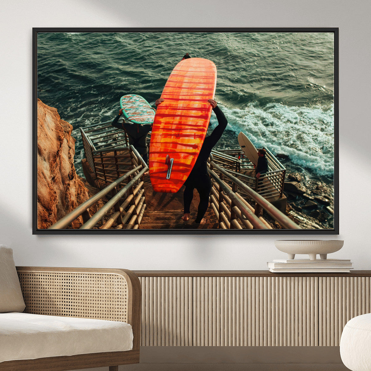 Surfer Stairway Wall Art – Framed Ocean Surf Canvas Artwork,