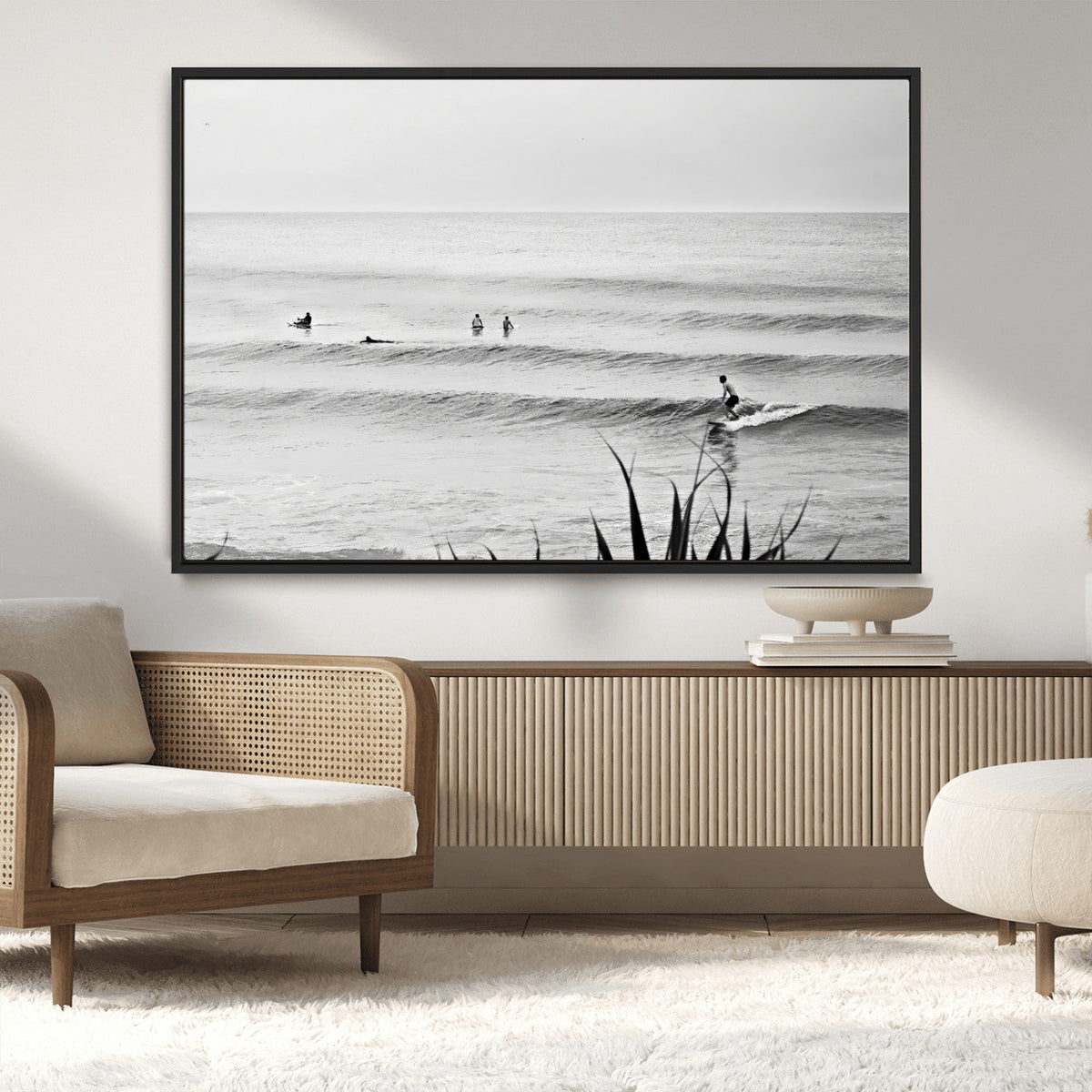 Surfer Silhouette Wall Art – Framed Calm Ocean Canvas