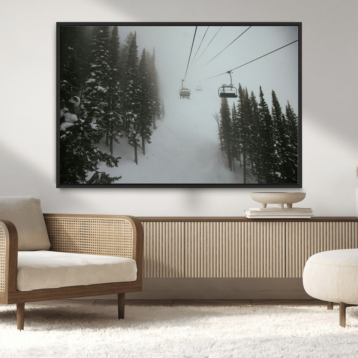 Ski Lift Wall Art Canvas Print – Snowy Pines Misty Landscape