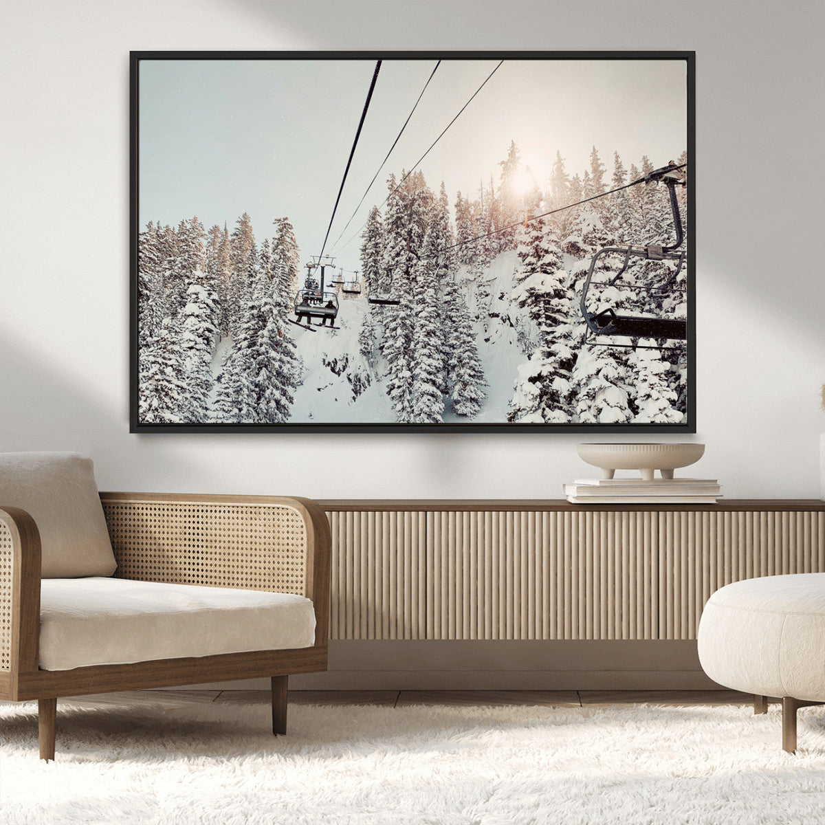 Frosty Pines Wall Art Canvas Print – Framed Cozy Cabin Ski