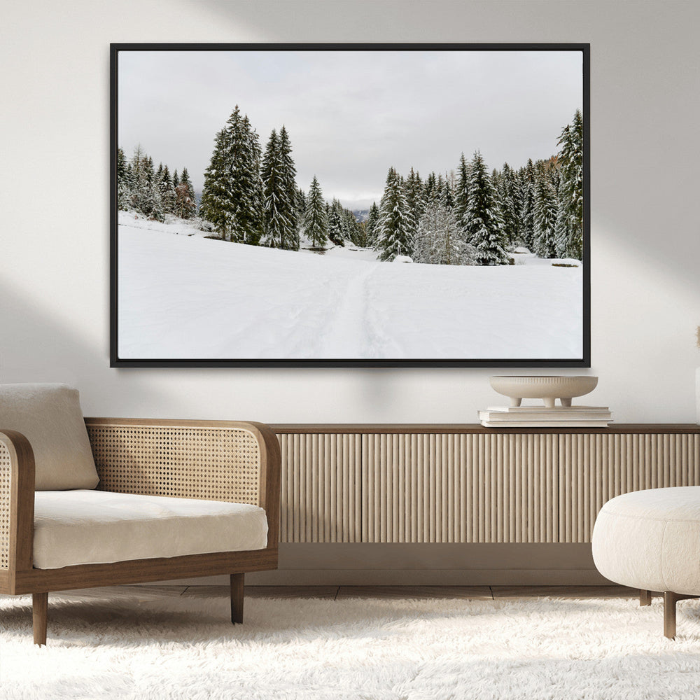 Frosty Pines Wall Art Canvas Print – Framed Silent Snowfall