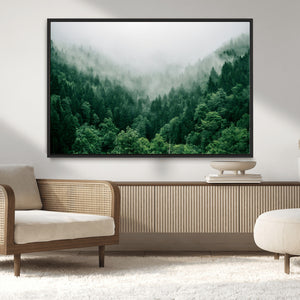 Misty Green Forest Canvas Print – Framed Serene Foggy Pine
