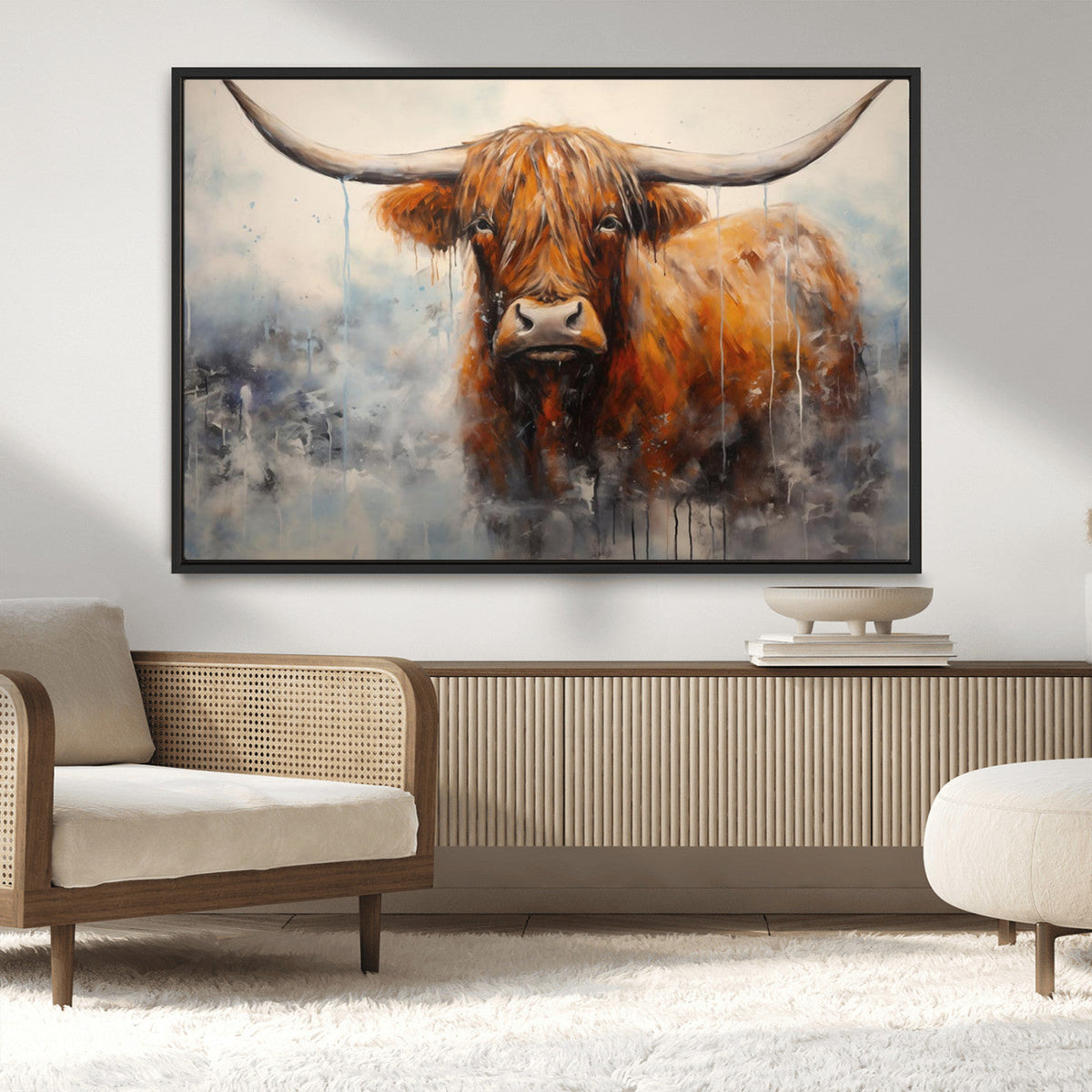 Scottish Highland Wall Art Canvas Print, Framed Longhorn Art
