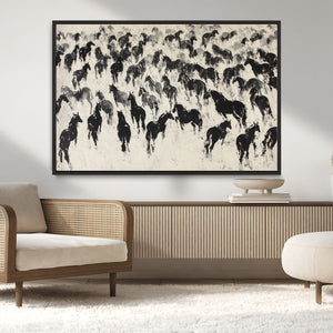 Wild Horse Stampede Wall Art Canvas Print – Monochrome
