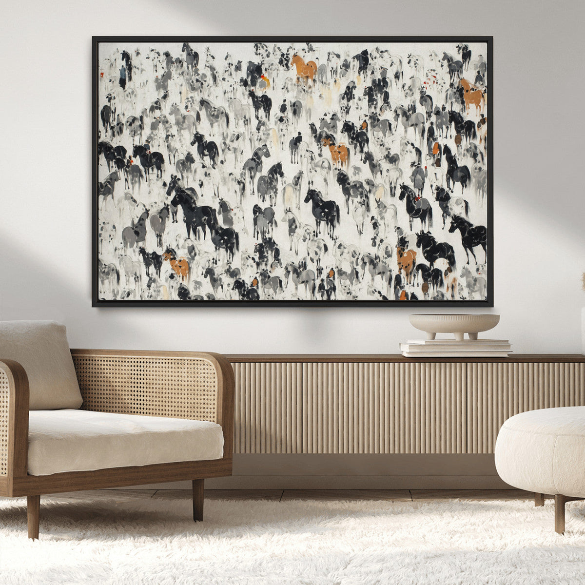 Wild Horse Stampede Wall Art Canvas Print – Monochrome