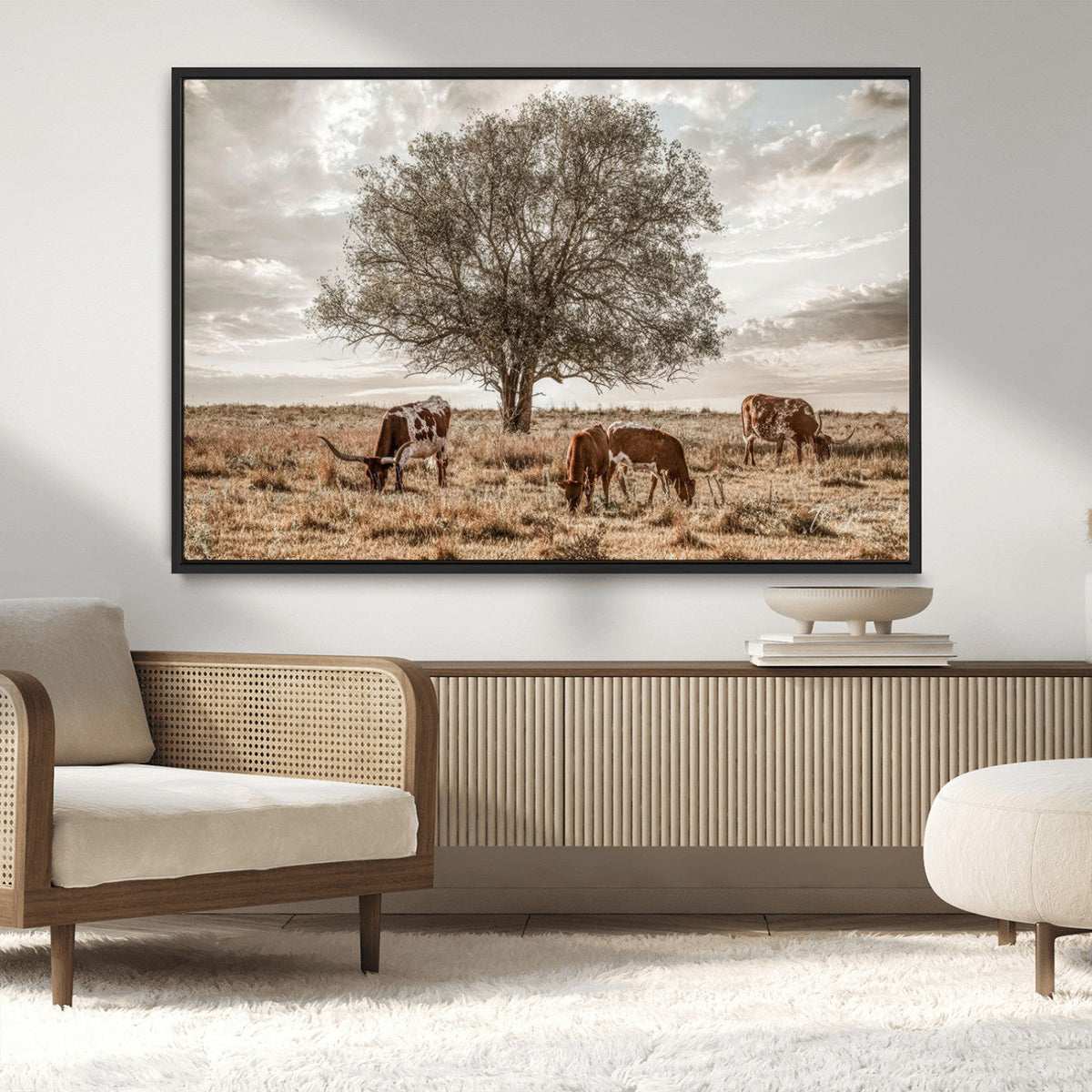 Texas Longhorn Cattle Wall Art, Rustic Western Ranch Canvas