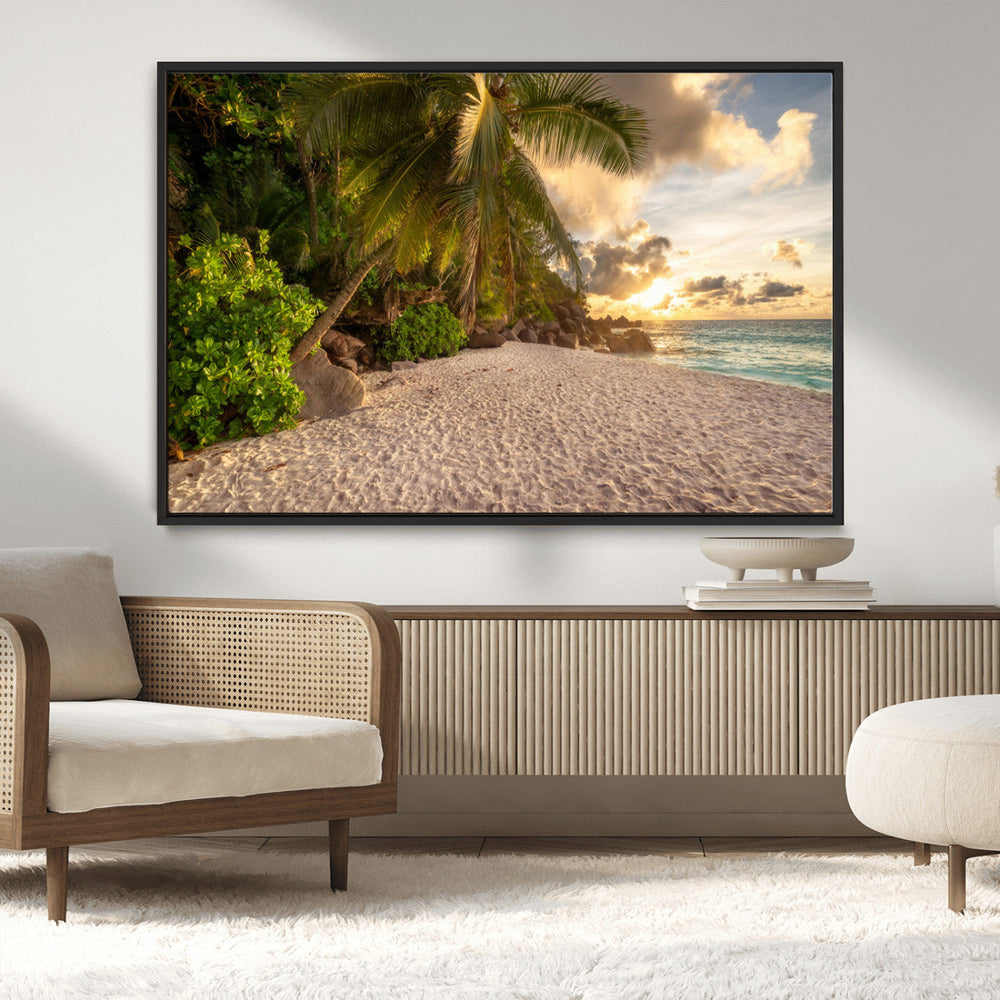 Tropical beach sunset, palm trees, white sand, ocean waves,
